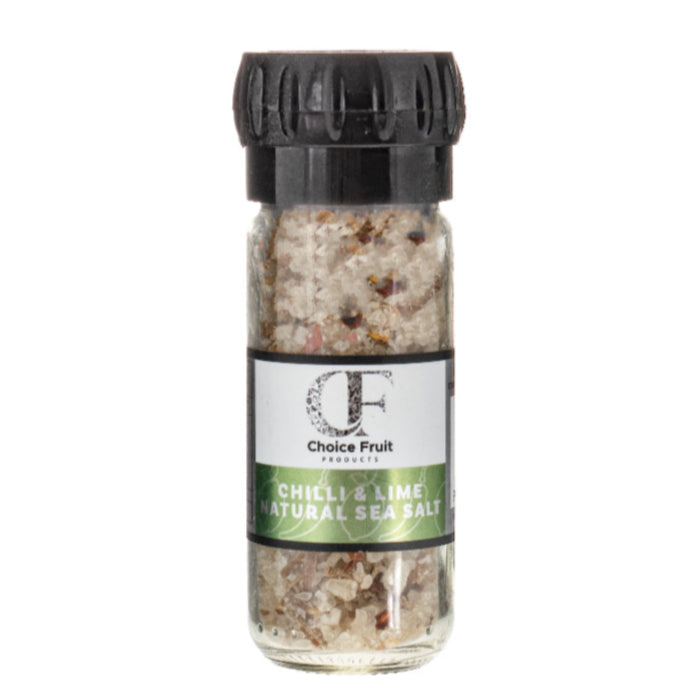 Glass container of Chilli & Lime Natural Sea Salt with black lid on a white background