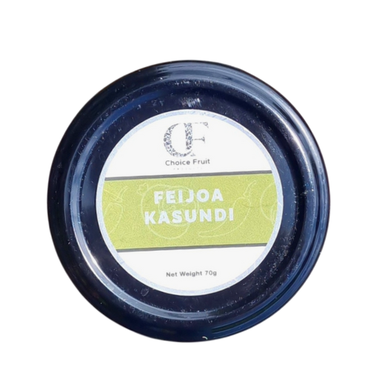 A jar of Feijoa Kasundi chutney with the brand name Choice Fruit visible on the label.
