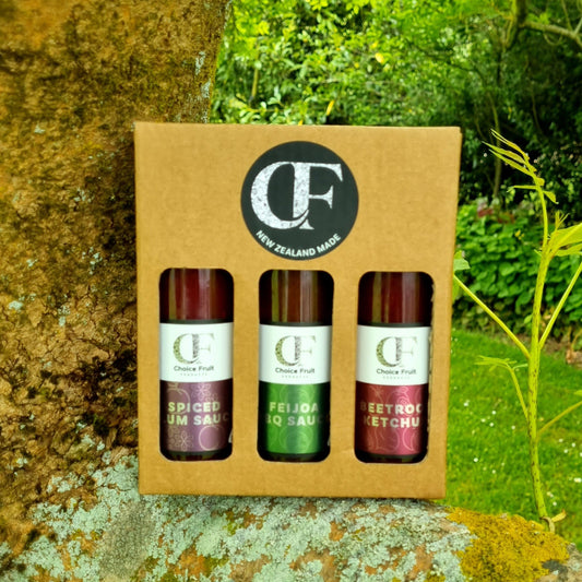Three bottles of Choice Fruit sauces in a cardboard box with a natural background