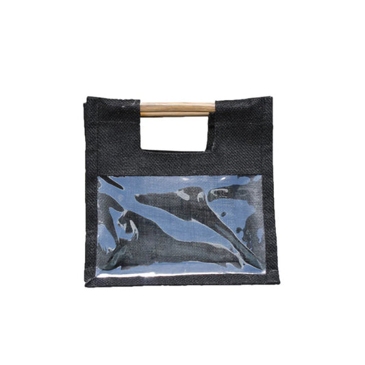 Black tote bag with wooden handle and clear window on a white background