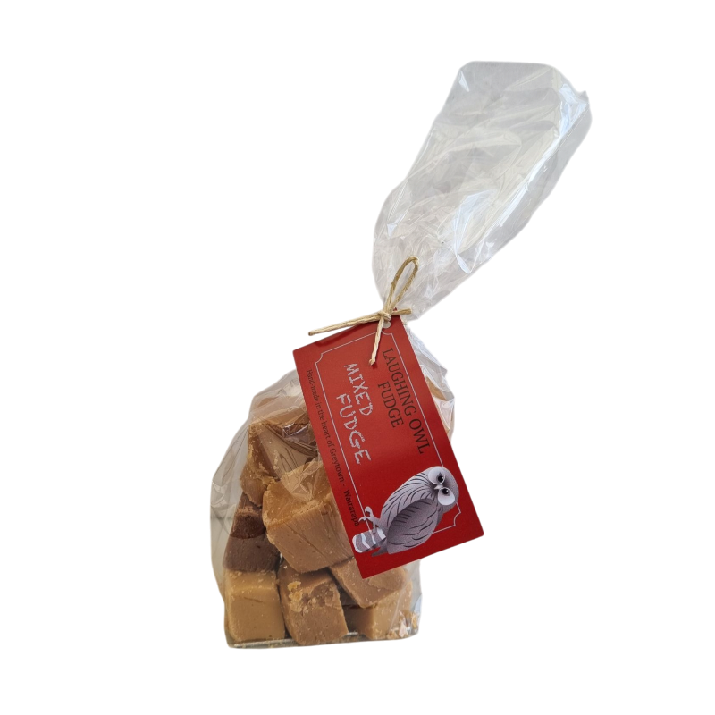 Bag of fudge with a red label on a white background