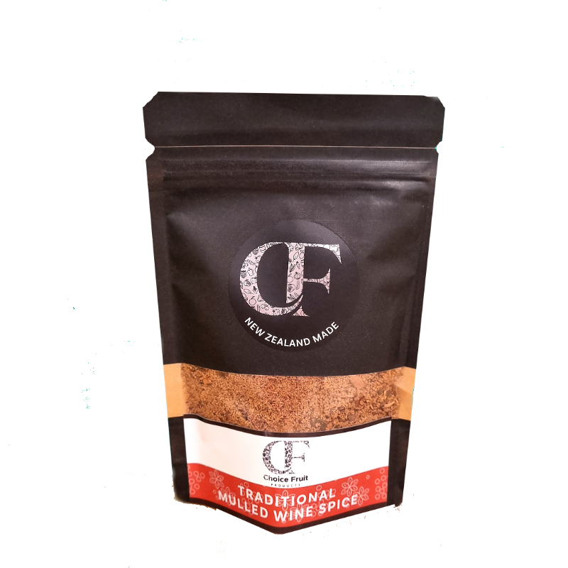 Black packaging of Choice Fruit mulled wine spice on a white background