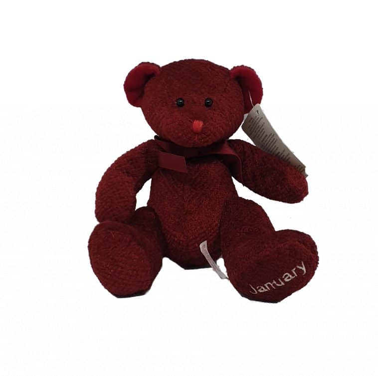 Stuffed teddy bear in garnet color with the name 'January' on its foot, sitting upright.