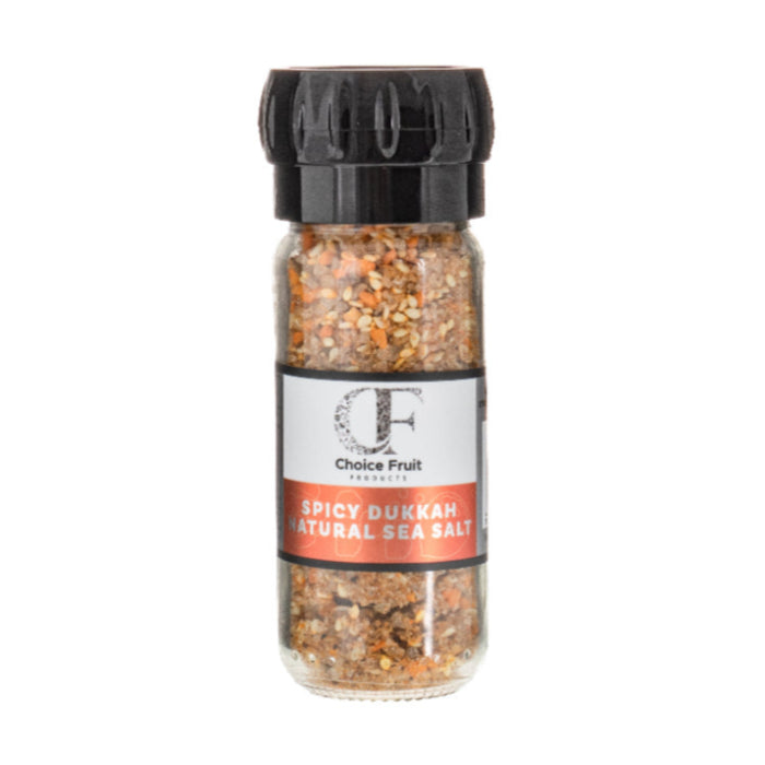 Jar of Spicy Dukkah Natural Sea Salt with 'Choice Fruit' label on a white background