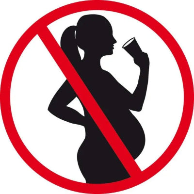Prohibition sign of a pregnant woman holding a drink inside a red circle.