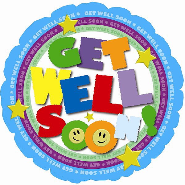 A colorful 4½ inch 'Get Well Soon' balloon on a stick with various playful designs and text.