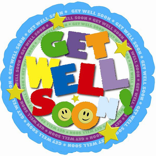 A colorful 4½ inch 'Get Well Soon' balloon on a stick with various playful designs and text.