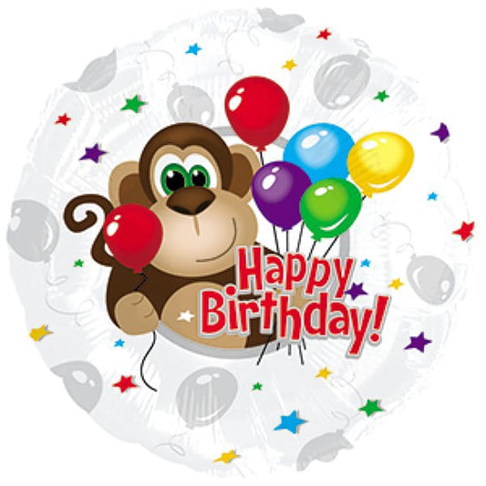 A cartoon illustration of a monkey holding a bundle of balloons with 'Happy Birthday!' text.