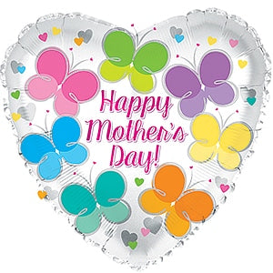 A heart-shaped balloon with a 'Happy Mother's Day' message surrounded by colorful butterflies.