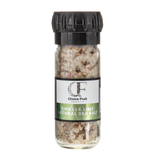Glass container of Chilli & Lime Natural Sea Salt with black lid on a white background