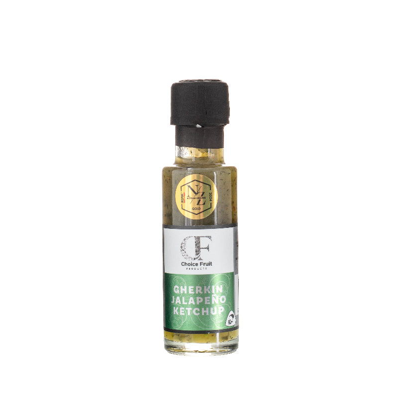 Bottle of Cherrkin Jalapeno Metchup with a black cap on a white background