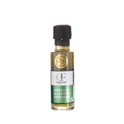 Bottle of Cherrkin Jalapeno Metchup with a black cap on a white background