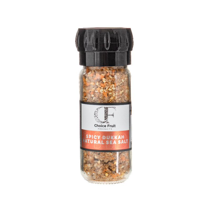 Jar of Spicy Dukkah Natural Sea Salt with 'Choice Fruit' label on a white background