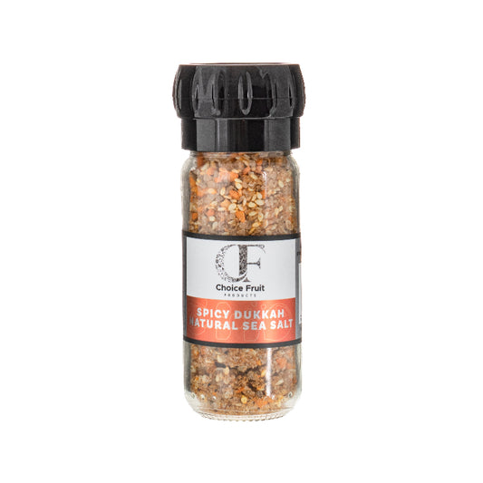 Jar of Spicy Dukkah Natural Sea Salt with 'Choice Fruit' label on a white background