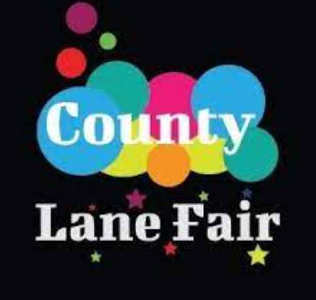 Colorful 'County Lane Fair' logo with balloons on a black background