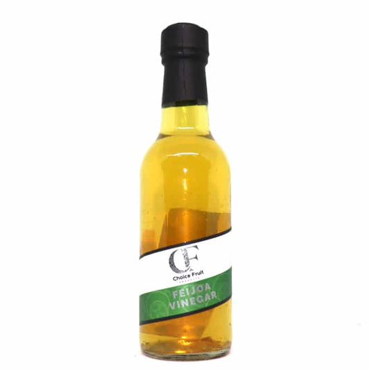 A 250ml bottle of infused feijoa vinegar with a label that includes the brand name 'Chewy Tree' and the product name 'Feijoa Vinegar'.