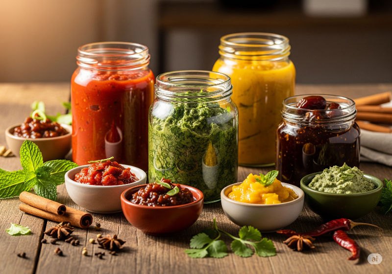 Assorted jars and bowls of condiments on a wooden surface with herbs and spices.
