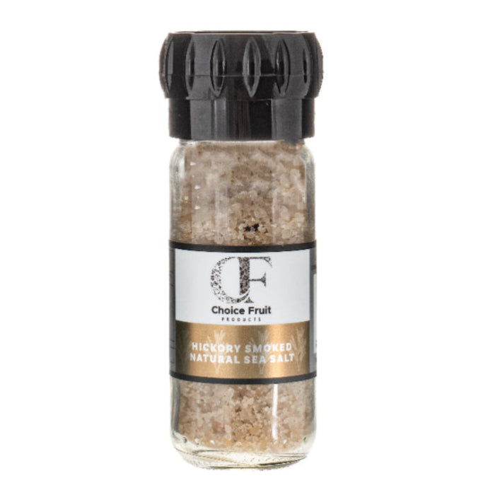 Bottle of Choice Fruit Products Hickory Smoked Natural Sea Salt on a white background