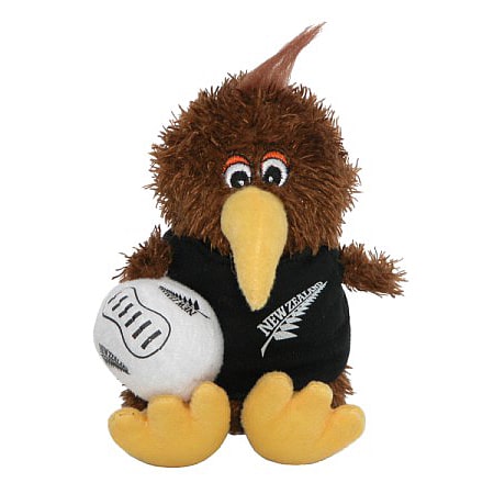 A plush toy depicting a kiwi bird wearing a rugby ball costume, holding a mini rugby ball, suitable for ages 3 and up.
