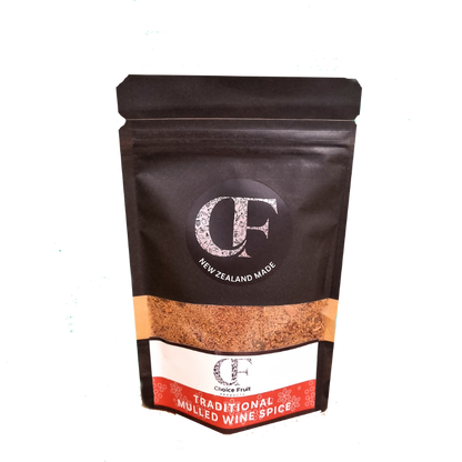 Black packaging of Choice Fruit mulled wine spice on a white background