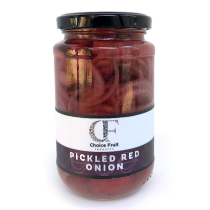 Jar of pickled red onions with a visible brand label on a white background