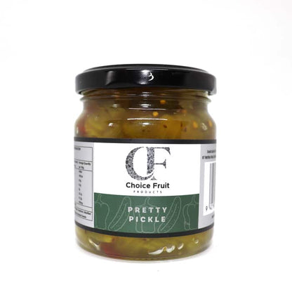 A jar of Pretty Pickle by Choice Fruit, showing the product inside the jar and the label on the front.