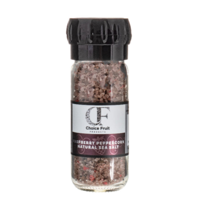 Bottle of raspberry peppercorn natural sea salt with a black lid on a white background