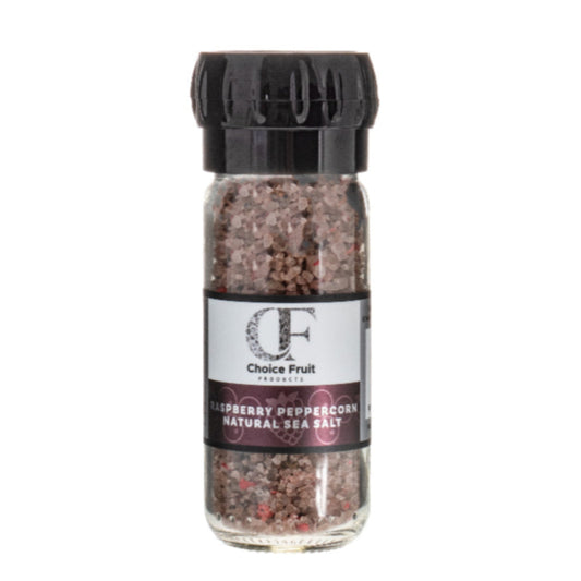Bottle of raspberry peppercorn natural sea salt with a black lid on a white background
