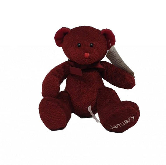 Stuffed teddy bear in garnet color with the name 'January' on its foot, sitting upright.