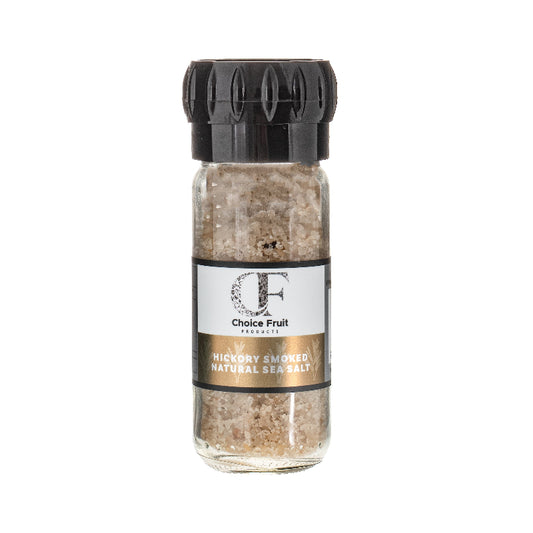 Bottle of Choice Fruit Products Hickory Smoked Natural Sea Salt on a white background
