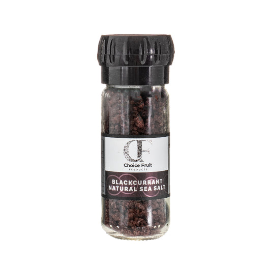Jar of blackcurrant natural sea salt with a black lid on a white background