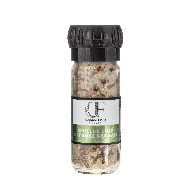 Glass container of Chilli & Lime Natural Sea Salt with black lid on a white background