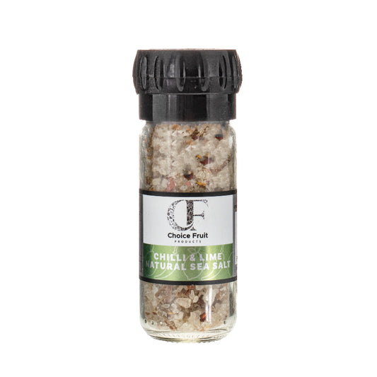 Glass container of Chilli & Lime Natural Sea Salt with black lid on a white background