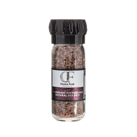 Bottle of raspberry peppercorn natural sea salt with a black lid on a white background
