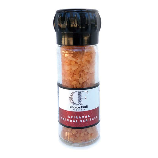 A clear glass grinder bottle filled with natural sea salt, labelled 'Sriracha Natural Sea Salt' from Choice Fruit.