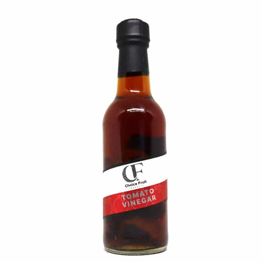 A bottle of CF brand tomato vinegar with a white and red label, indicating the flavor.