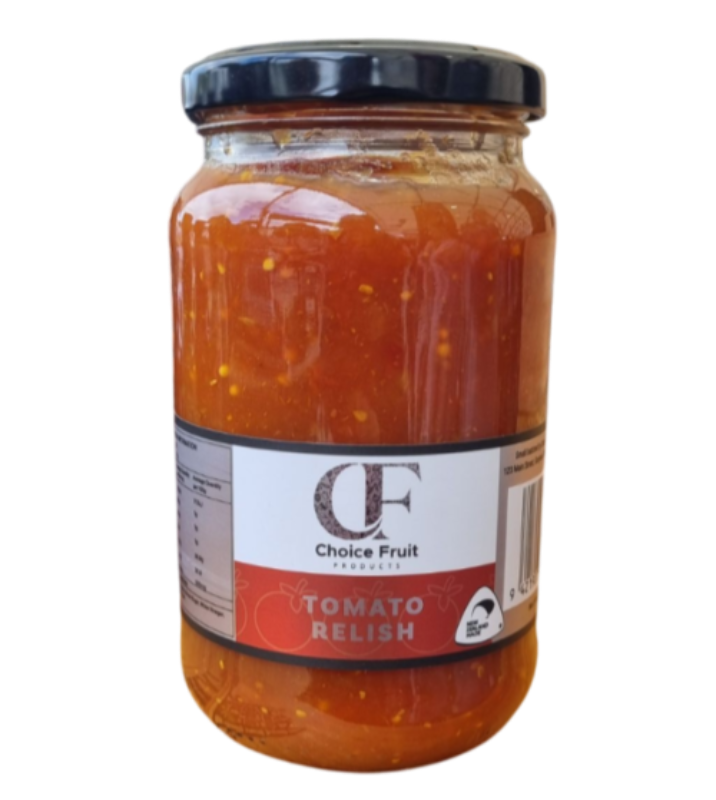 Jar of tomato relish with a visible label on a white background