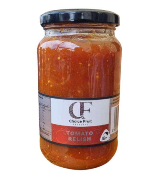 Jar of tomato relish with a visible label on a white background