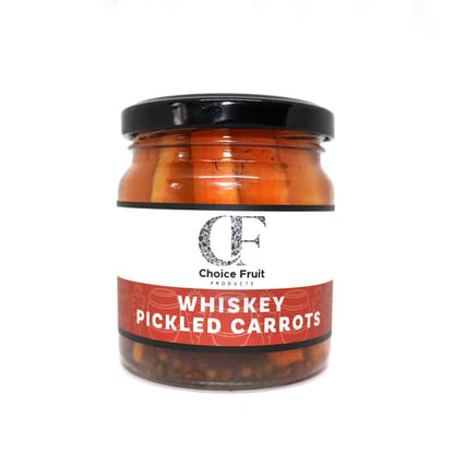 Jar of whiskey pickled carrots with a red label on a white background