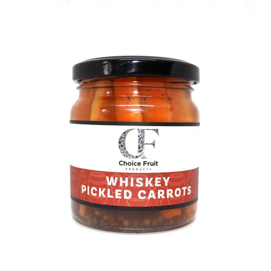 Jar of whiskey pickled carrots with a red label on a white background