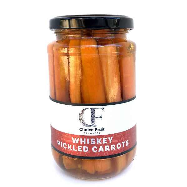 Jar of whiskey pickled carrots with a visible brand label on a white background